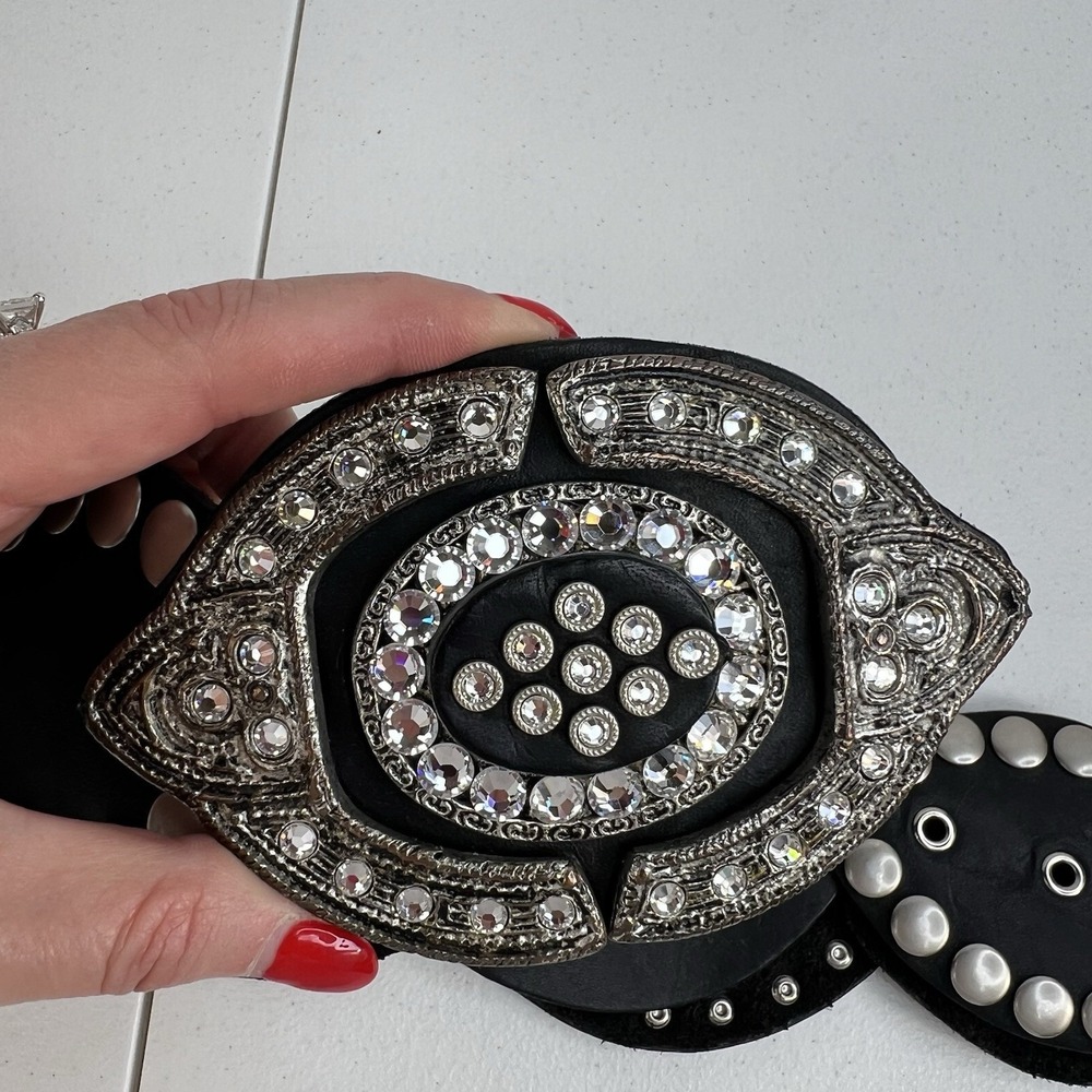 Leather Studded Belt Large 38 Bling Buckle Conch Style Black Silver Southwestern - Picture 7 of 16